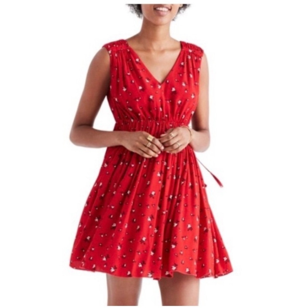 Madewell Red Floral V-Neck Sleeveless Dress